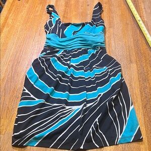 JFW‎ Just For Wraps Women Medium Black Teal Striped Sleeveless Pocket Mini Dress